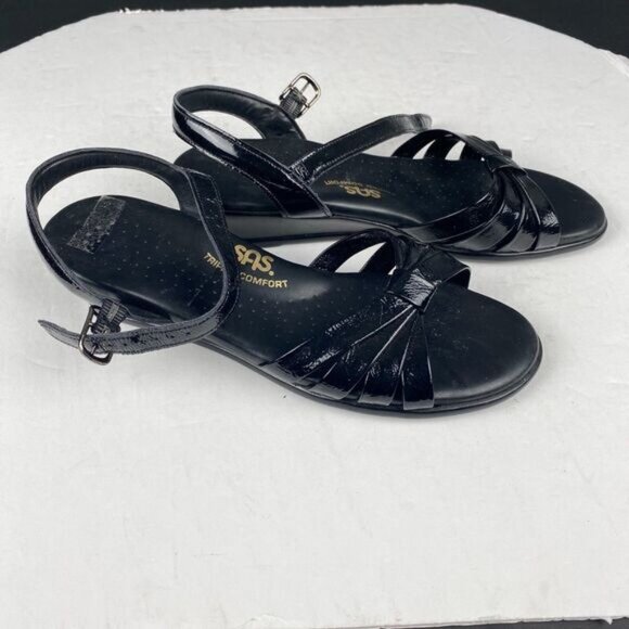SAS Sandals Womens 6 Strippy Casual Open Toe Slingback Wedge Black Leather - Picture 13 of 13